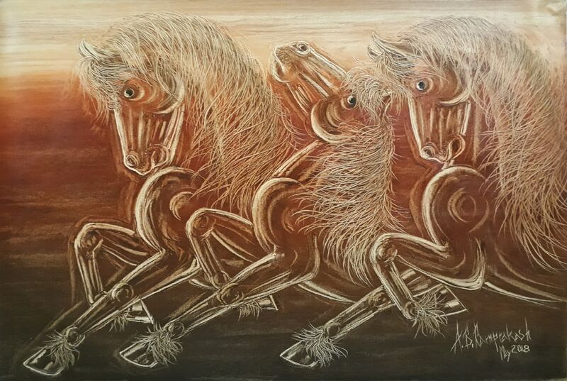 THREE CHESTNUT DESTRIERS - a Paintings by Ramprakash A.B.